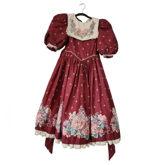 Vintage Daisy Kingdom Factory Dress Roses Floral Crinoline Burgundy Size 8 - Picture 1 of 17